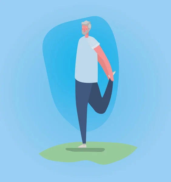 Homme senior dessin animé avec des vêtements de sport faisant yoga vectoriel design — Image vectorielle