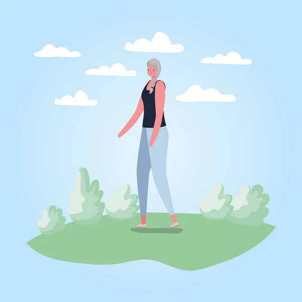 Ανώτερη γυναίκα κινουμένων σχεδίων περπάτημα στο πάρκο διάνυσμα σχεδιασμό — Διανυσματικό Αρχείο