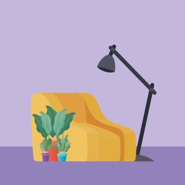 Oturma odası vektör tasarımında bitki ve lamba olan sarı koltuk.