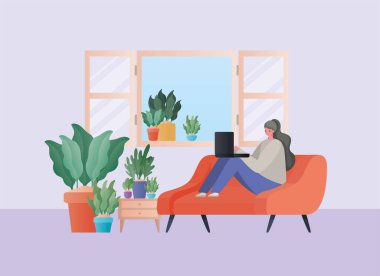 Laptoplu kadın turuncu koltuk vektör tasarımında çalışıyor.