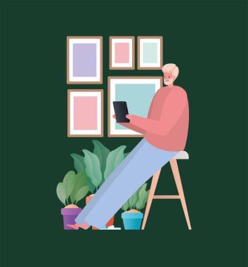 Tabletli adam sandalye vektör tasarımı üzerinde çalışıyor