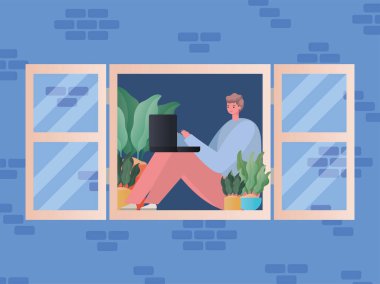 Pencere vektör tasarımında çalışan dizüstü bilgisayarı olan adam