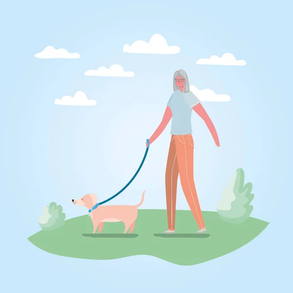 シニア女性漫画とともに犬で公園ベクトルデザイン — ストックベクタ
