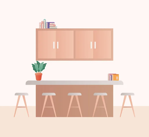 Sala de cozinha com cadeiras planta e livros design vetorial — Vetor de Stock