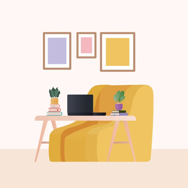 Gele fauteuil met laptop planten en frames in woonkamer vector ontwerp — Stockvector