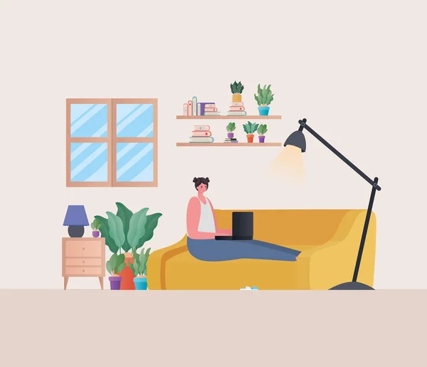 Woman with laptop working on yellow couch vector design — Stock Vector