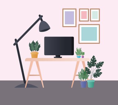 Bilgisayar lambalı masa ve oda vektör tasarımlı bitkiler