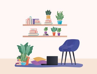 Oturma odası vektör dizaynında dizüstü bilgisayarı olan mavi koltuk