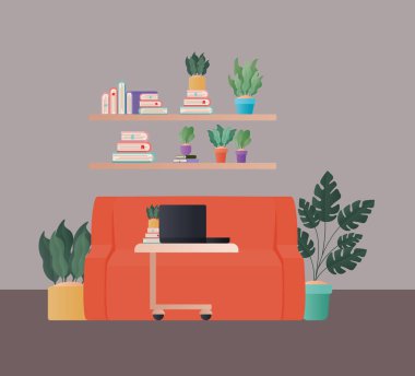 dizüstü bilgisayar portakal rengi koltuk vektör tasarımında.