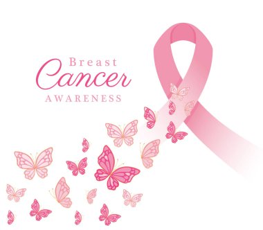 Göğüs kanseri kelebekli pembe kurdele farkındalık vektör tasarımı