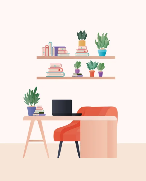 Bureau avec chaise orange ordinateur portable et plantes dans la conception vectorielle de la chambre — Image vectorielle