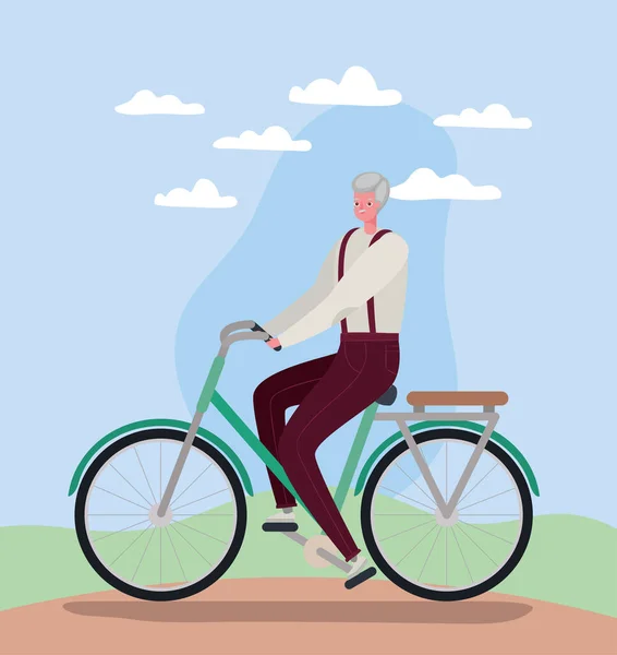 Hombre mayor de dibujos animados montar en bicicleta en el diseño del vector del parque — Archivo Imágenes Vectoriales