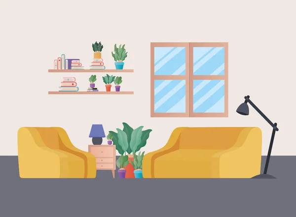 Canapé jaune et fauteuil avec des plantes dans le design vectoriel salon — Image vectorielle