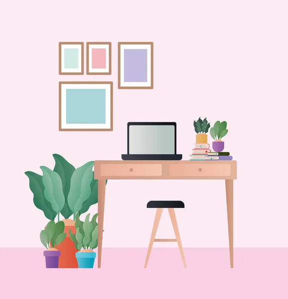 Escrivaninha com laptop cadeira e plantas em design vetor quarto —  Vetores de Stock
