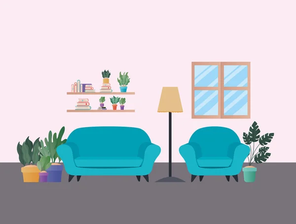 Niebieskie kanapy z roślinami w salonie wektor projektowania — Wektor stockowy