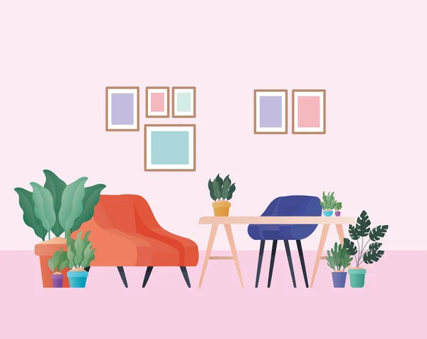 オレンジのアームチェアとリビングルームのベクトルデザインの植物と机 — ストックベクタ