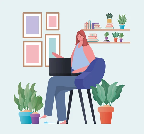Mulher com laptop trabalhando em design de vetor cadeira azul —  Vetores de Stock