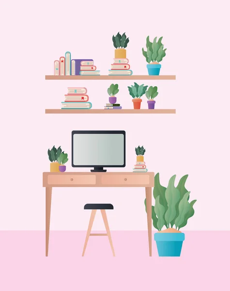 Bureau avec ordinateur de chaise et plantes dans la conception vectorielle de chambre — Image vectorielle