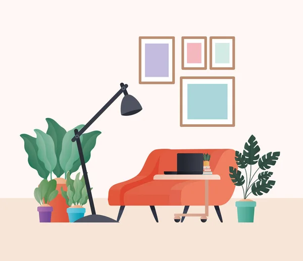Oranžové křeslo s laptopem rostliny a lampa v obývacím pokoji vektor design — Stockový vektor