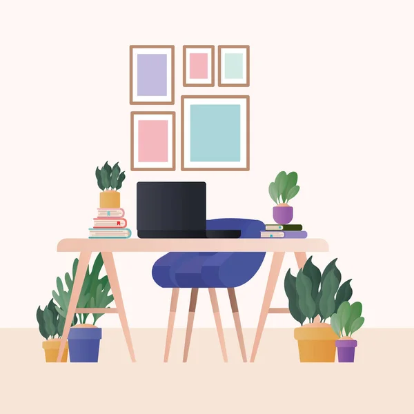 Schreibtisch mit blauem Stuhl Laptop und Pflanzen im Raumvektordesign — Stockvektor
