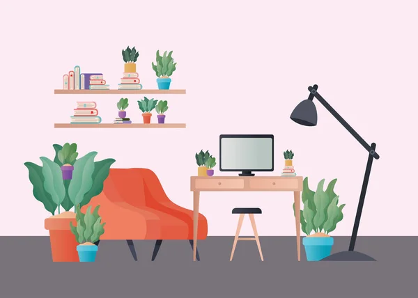 Fauteuil orange et bureau avec des plantes dans le design vectoriel salon — Image vectorielle