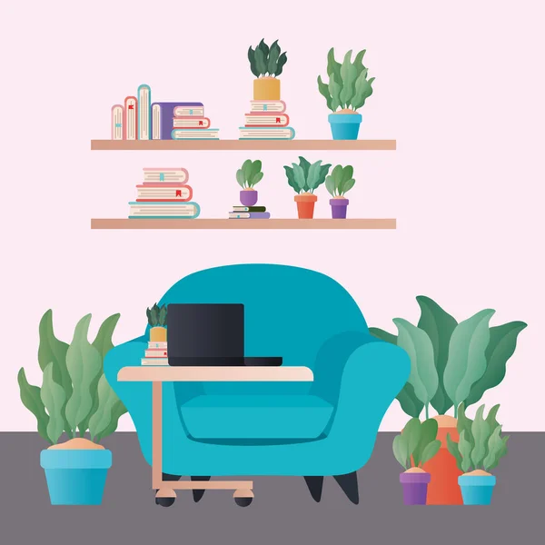 Niebieski fotel z roślinami i laptopem w salonie wektor projektu — Wektor stockowy