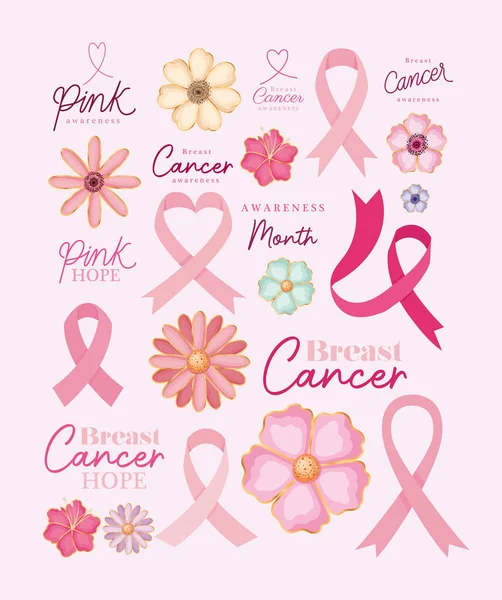 Icono conjunto de conciencia de cáncer de mama y diseño vectorial esperanza rosa — Vector de stock
