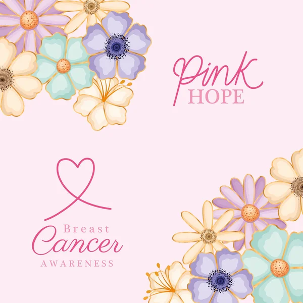 유방암 인식의 꽃들과 핑크 희망 벡터 설계 — 스톡 벡터