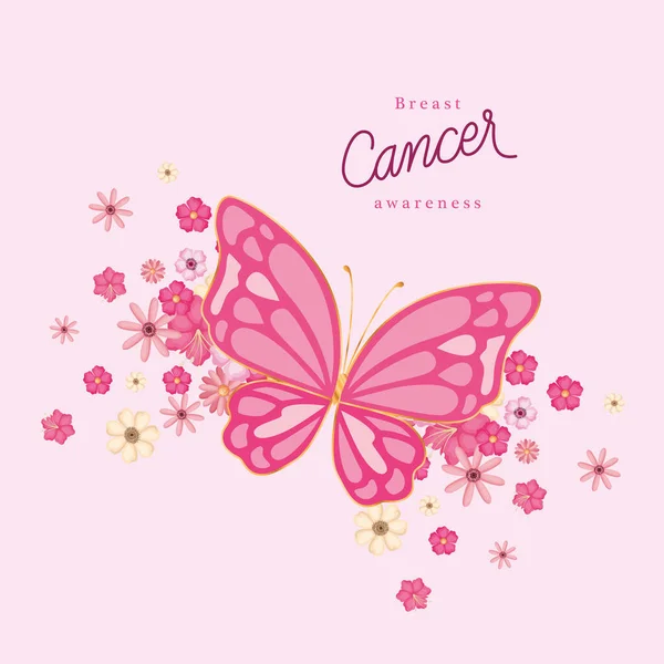 粉色蝴蝶，有乳癌意识媒介设计的花朵 — 图库矢量图片