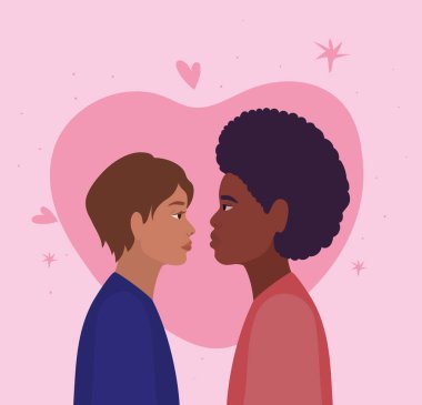 Bir çift kadın ve erkek kalp vektör tasarımının önünde yan görünüm