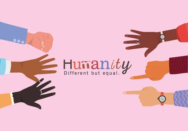 人間性は違っても平等で多様性のある手の皮膚ベクトルデザイン — ストックベクタ