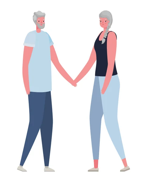 Senior femme et homme dessins animés tenant les mains design vectoriel — Image vectorielle