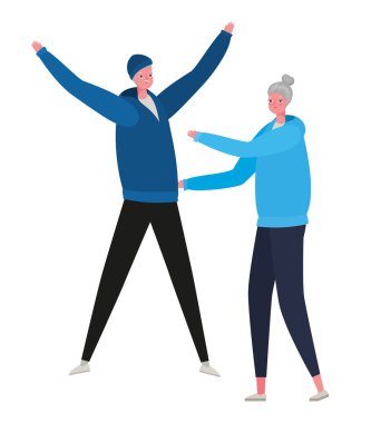 Üst düzey kadın ve erkek çizgi film atlama vektör tasarımı