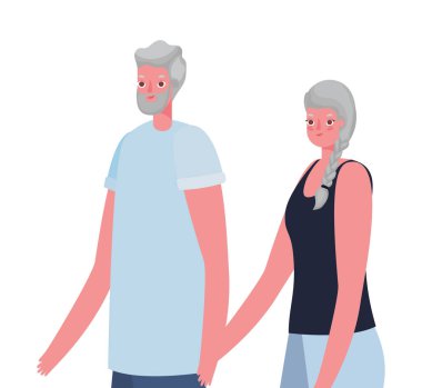 Üst düzey kadın ve erkek çizgi filmleri, el ele tutuşan vektör tasarımı.