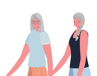 Son sınıf kadın çizgi filmleri, el ele tutuşan vektör tasarımı.