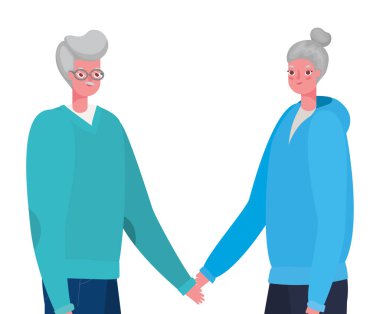 Üst düzey kadın ve erkek çizgi filmleri, el ele tutuşan vektör tasarımı.