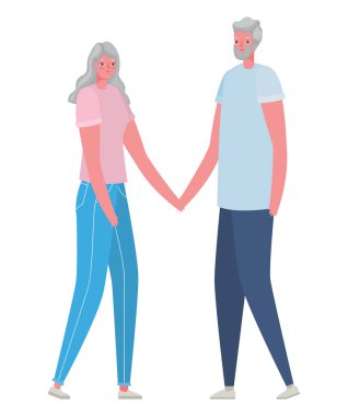 Üst düzey kadın ve erkek çizgi filmleri, el ele tutuşan vektör tasarımı.