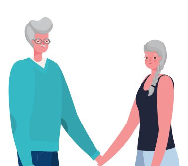 Üst düzey kadın ve erkek çizgi filmleri, el ele tutuşan vektör tasarımı.