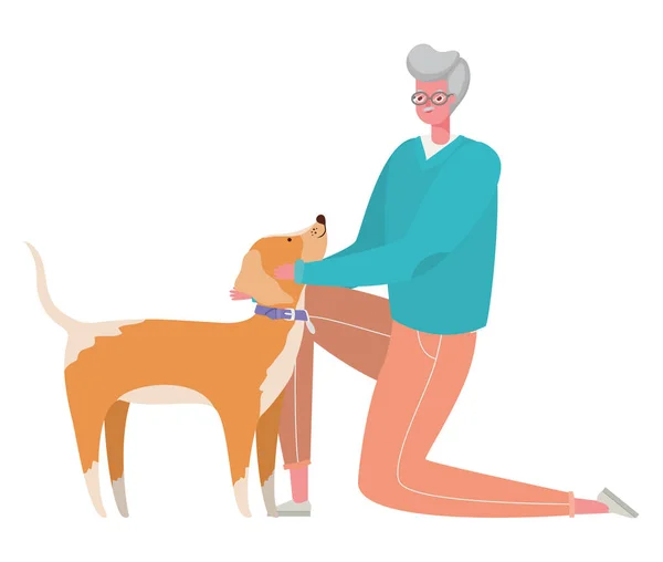 Uomo anziano cartone animato con cane disegno vettoriale — Vettoriale Stock