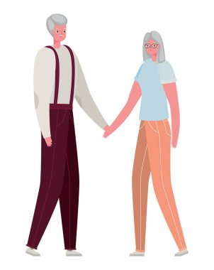 Üst düzey kadın ve erkek çizgi filmleri, el ele tutuşan vektör tasarımı.