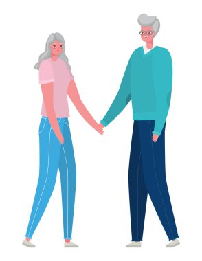 Üst düzey kadın ve erkek çizgi filmleri, el ele tutuşan vektör tasarımı.