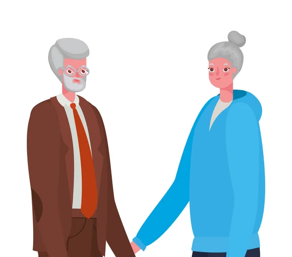 Senior kvinna och man karikatyrer hålla händer vektor design — Stock vektor