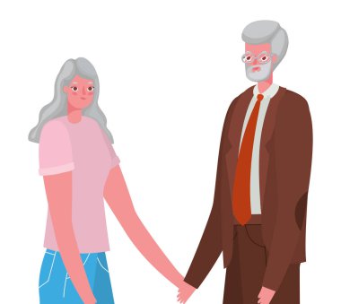 Üst düzey kadın ve erkek çizgi filmleri, el ele tutuşan vektör tasarımı.