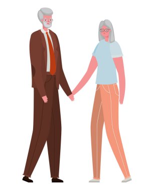 Üst düzey kadın ve erkek çizgi filmleri, el ele tutuşan vektör tasarımı.