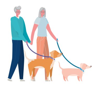 Kıdemli kadın ve erkek karikatürleri köpek tasarımı.