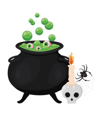 Cadılar Bayramı cadı kasesi kafatası ve örümcek vektör tasarımı