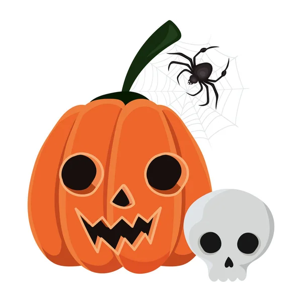Calavera de calabaza de Halloween y dibujos animados de araña vector de diseño — Vector de stock