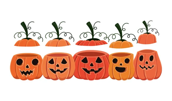 Calabazas de Halloween dibujos animados con cubiertas de diseño de vectores — Vector de stock