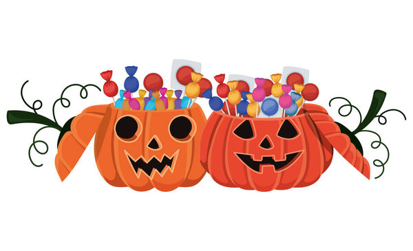 Halloween pumpkins cartoons with candies vector design