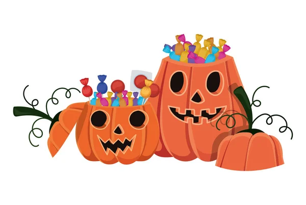 Calabazas de Halloween dibujos animados con caramelos diseño de vectores — Vector de stock